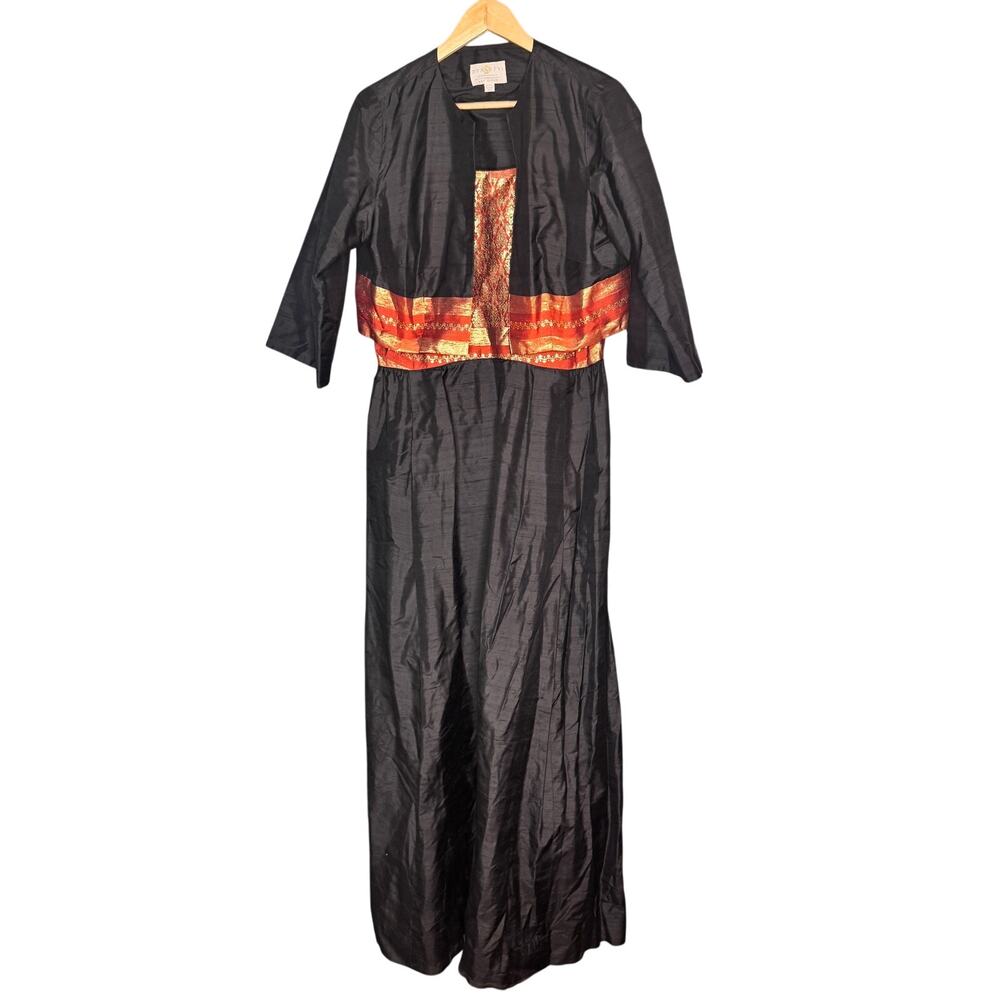 Vintage Dynasty 100% Silk Dress Jacket Set Womens 12 Black Gold Brocade Formal